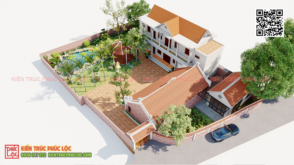 thiết kế nhà gỗ 5 gian kết hợp nhà ngang sân vườn chòi