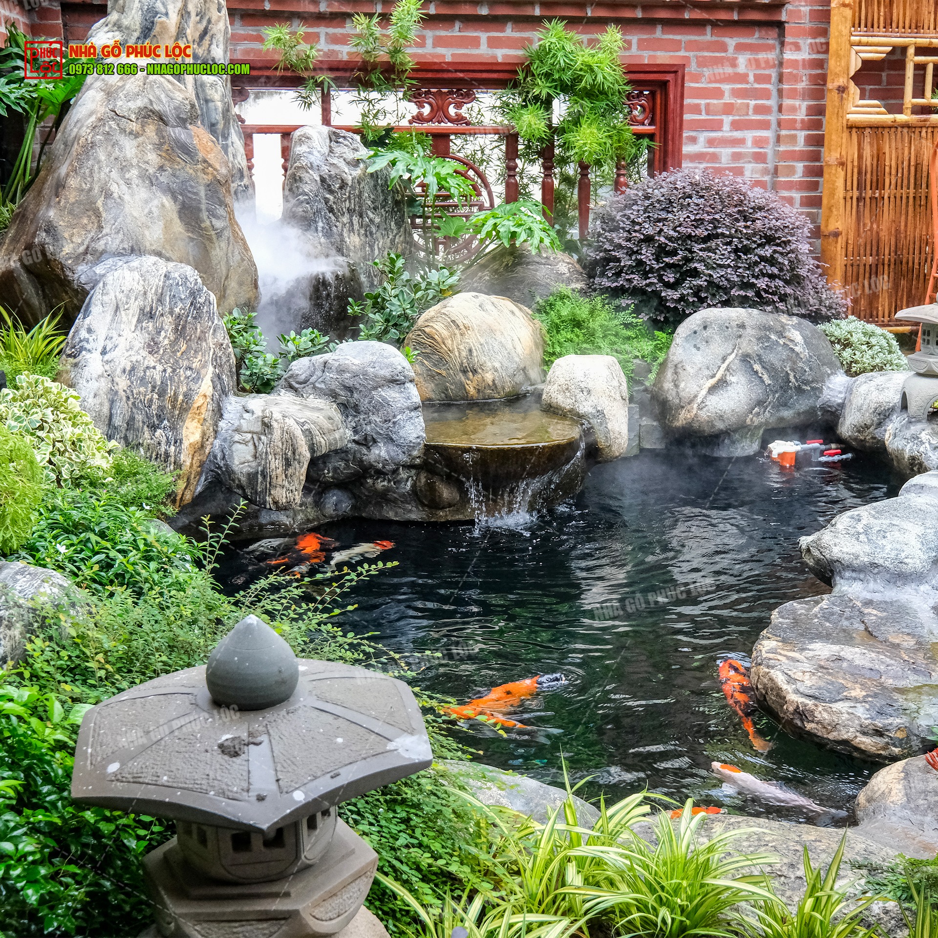 Tiểu cảnh đặt trong sân vườn nhà 3 gian